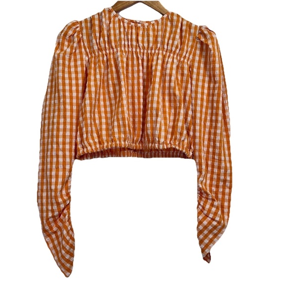 Zara Women's‎ S Orange Gingham Puff Sleeve Crop Top Boho Cottagecore Blouse - Picture 2 of 7